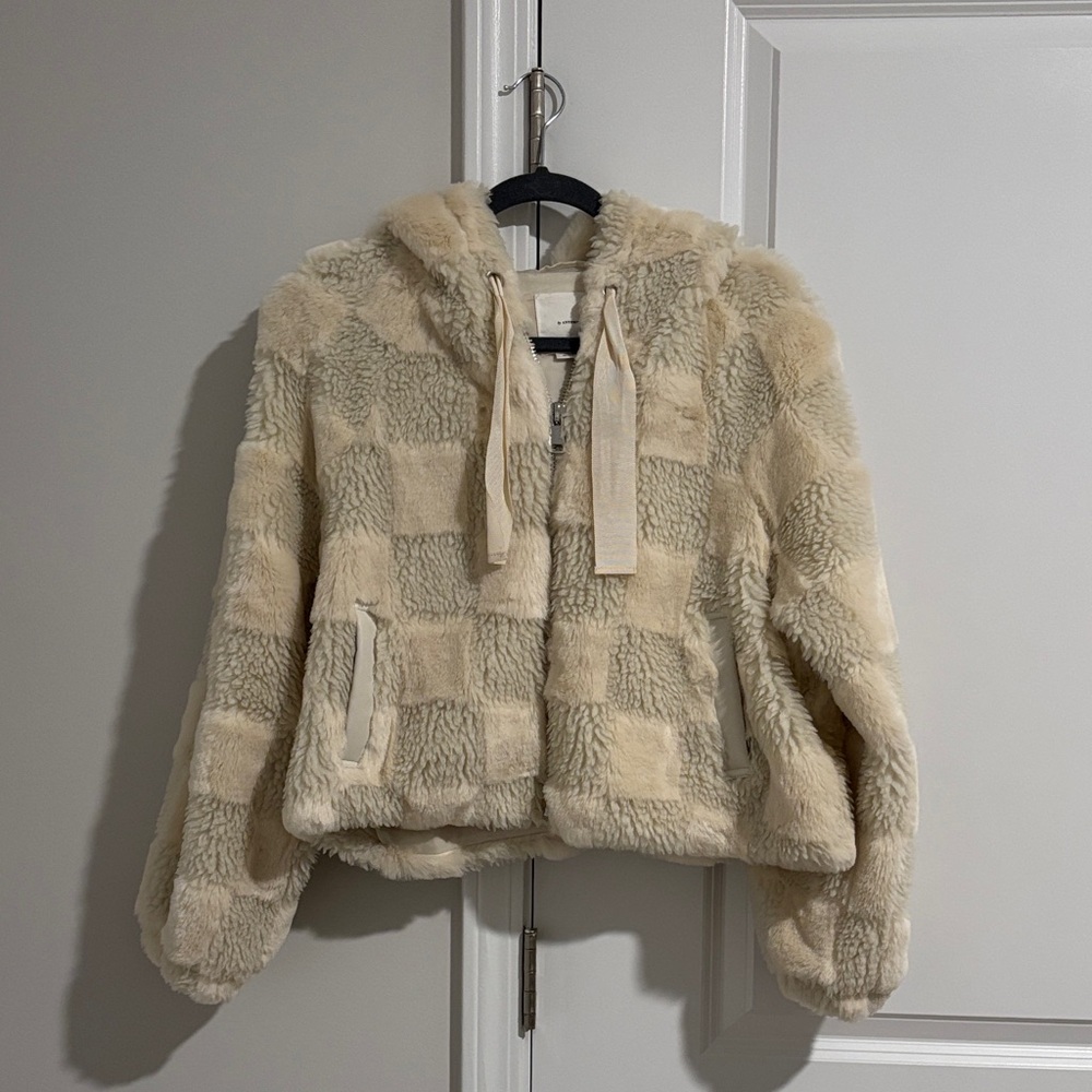 Anthropologie Cream Checkered Faux Fur Jacket